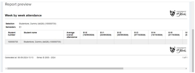 Screenshot of week by week attendance report preview